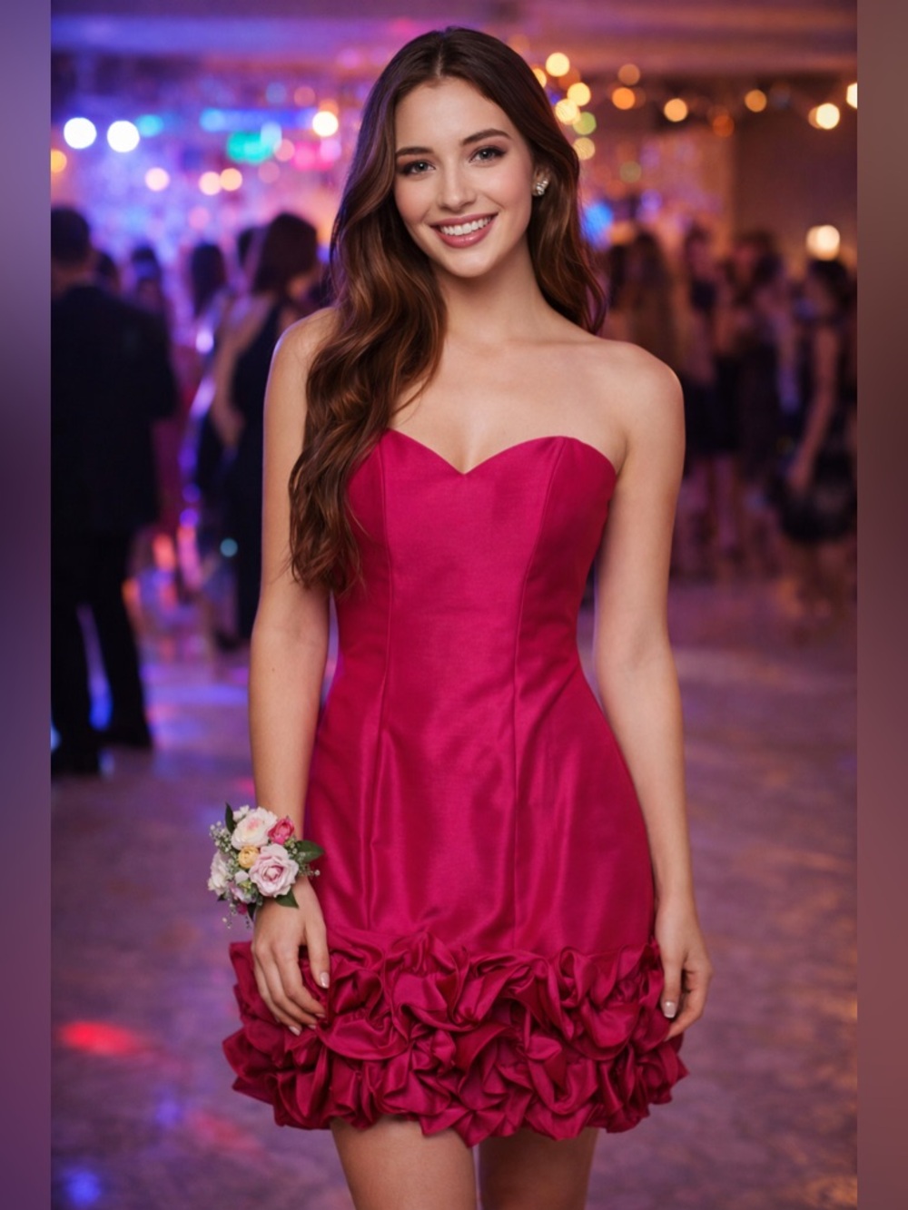 Vintage Jordan Grad Hot Pink Satin Ruffle Hem Mini‎ Dress Strapless Y2K Glam